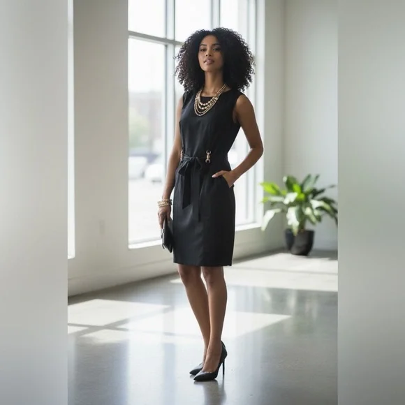Sleek Black Sleeveless Tie-Waist Dress - Picture 2 of 8